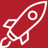 little animated white on red rocket blasting into space